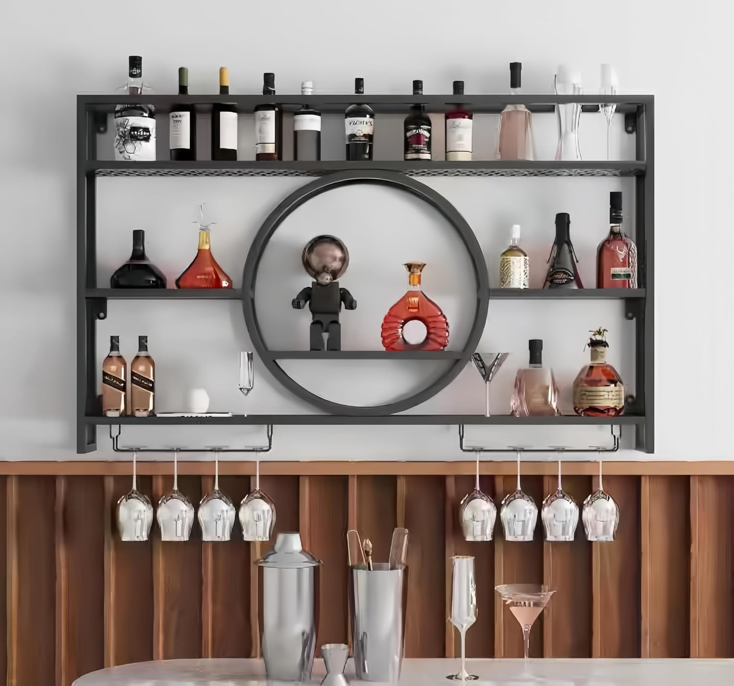 Home Bar Shelf - Black Metal Wall Mounted Wine Storage